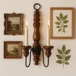 Wooden Double Arm Wall Candle Sconce VTG Turned Wood Wrought Iron Taper Holder